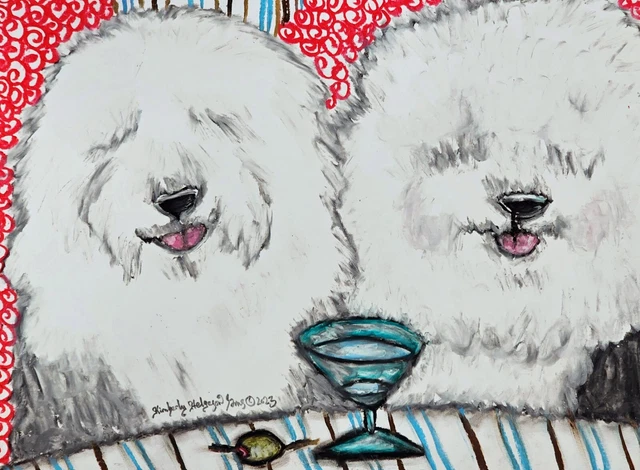 OLD ENGLISH SHEEPDOG Drinking a Martini Art Print 5 x 7 signed by Artist KSams