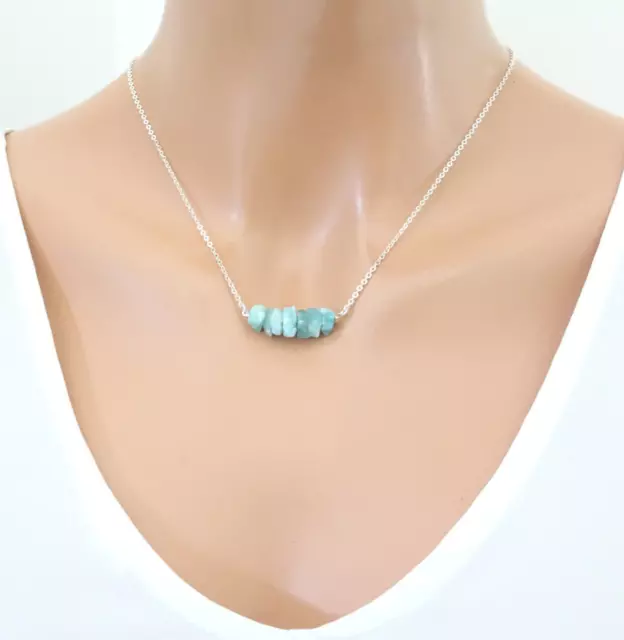 Rough Larimar Gemstone Necklace Natural Stone Jewelry 925 Sterling Silver Chain