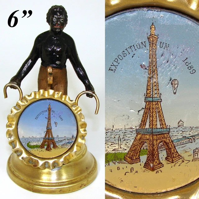 Antique 1889 World Expo Eiffel Tower Souvenir Pocket Watch Stand, Blackamoor