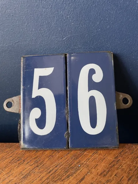 Old blue French house number 56 door gate plate plaque enamel steel metal sign