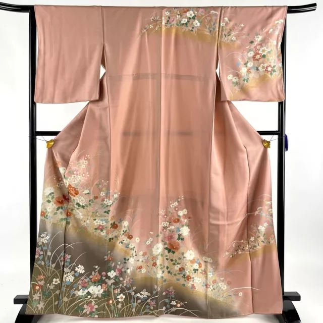 Japanese kimono  "HOUMONGI" SILK, Gold thread/ leaf, Plants,Pink,L66"..2293
