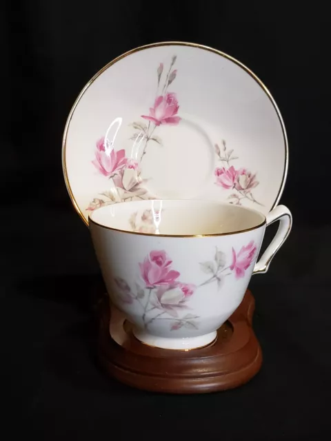 Crown Staffordshire Footed Cup & Saucer English Rose Pink Grey w/Gold 1930-1974