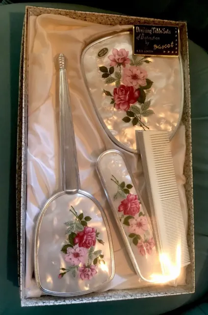 Vintage 4 Pc Dressing Table Set Mirror Floral Mascot A.S.B London Never Used ##