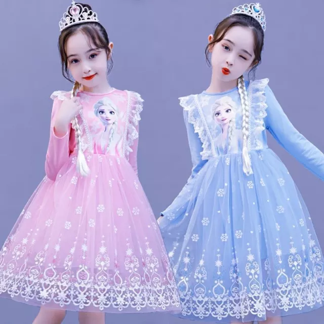 Kids Girls Princess Queen Elsa Anna Halloween Cosplay Costume Fancy Dress&Crown