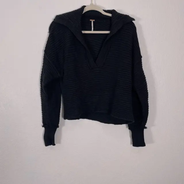 Free People Black Ribbed Collared V Neck Long Sleeve Pullover Sweater
