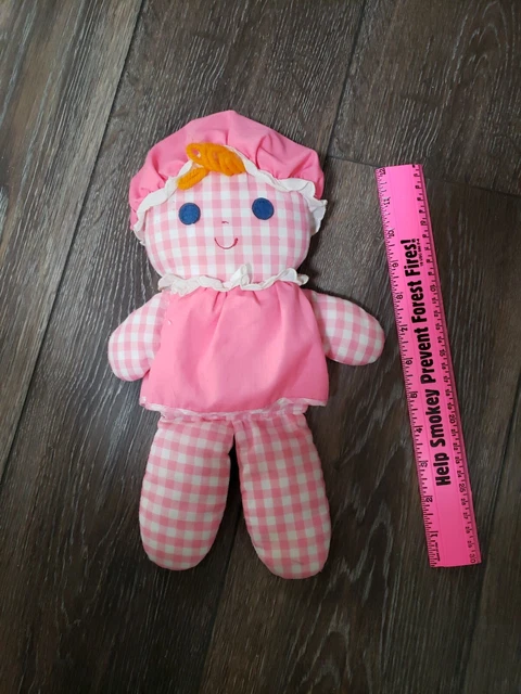 Vintage 1975 Fisher Price Lolly Rattle Cloth Doll Pink Gingham 13” Plush 420