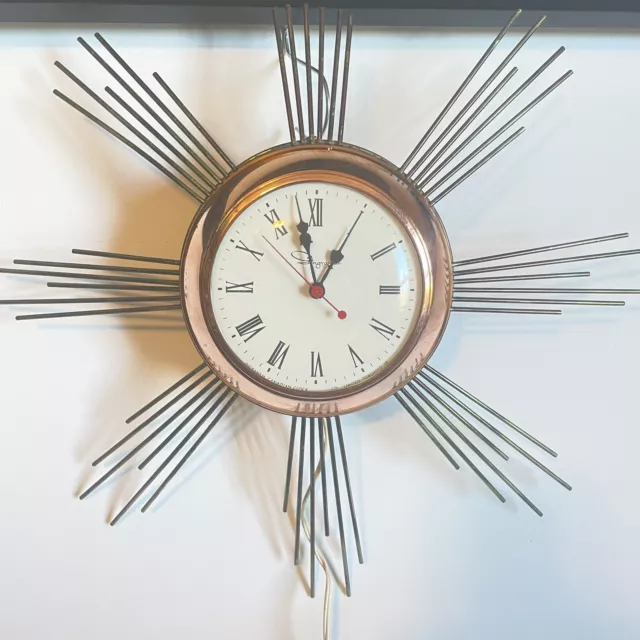 Vintage Starburst Wall Clock Copper Front Case mid Century Ingraham