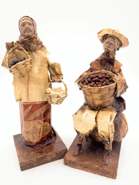 Papier Mache Mexican Man and Woman With Baskets - Folk Art