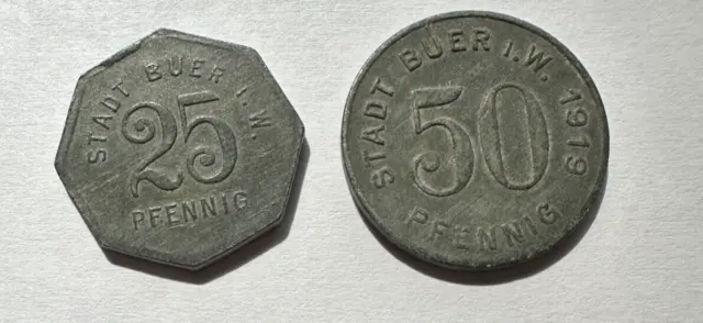 Buer (Westfalen) Stadt 25 & 50 Pfennig Notgeld Zinc Coin Funck# 64.1 and 64.4