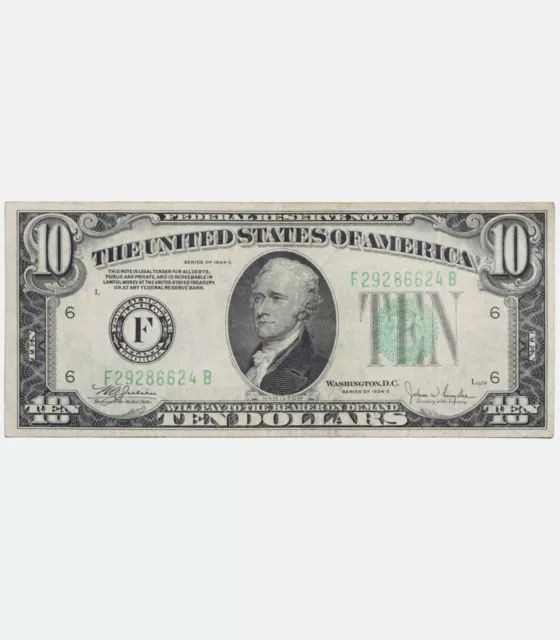 1934 C USA 10 Dollar  Federal Reserve Note US Banknote Bill, GREEN Seal, XF
