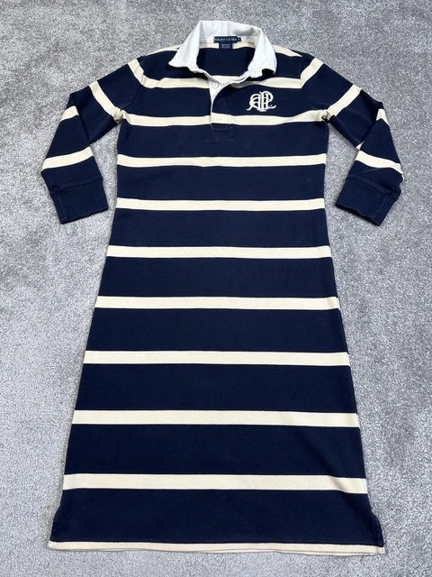 Ralph Lauren Dress Womens Small Blue Cream Striped Polo Rugby 3/4 Sleeve Preppy