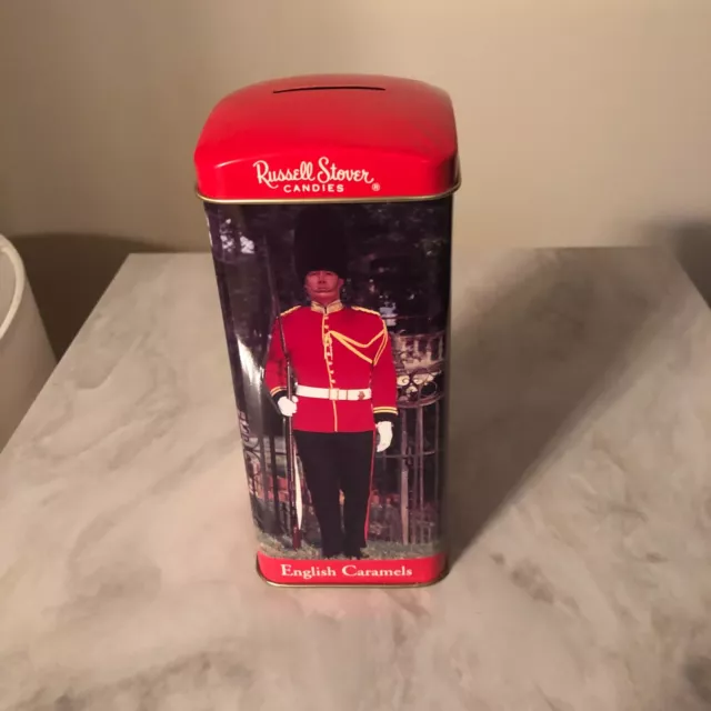 Russell Stover Candies Tin Coin Bank English Caramels UK Coldstream Guard EMPTY