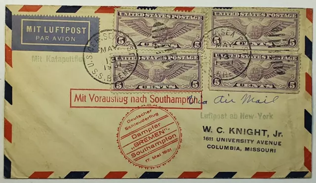 1931 Catapult US CER Sea Post Service Onboard SS Bremen Airmail Cover w/4 #C12