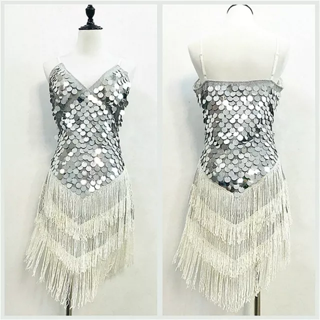 Femme Long Gland Robe Danse Latin Sequin Jupe Salsa Tango Rumba Fête Déguisement