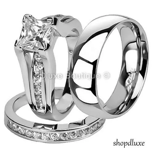 His & Hers 3 Piece Stainless Steel CZ Wedding Engagement Ring Band Set