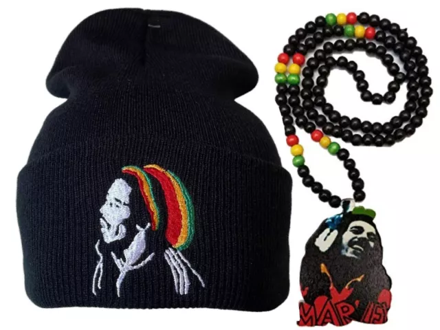 2pcs. BOB MARLEY PENDANT RASTA WOOD BEADED Reggae Music Necklace Beanie Hat