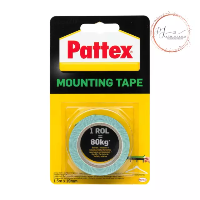 Pattex Montageklebeband 80kg | Doppelseitiges Klebeband 1,5m x 19mm Extra Stark