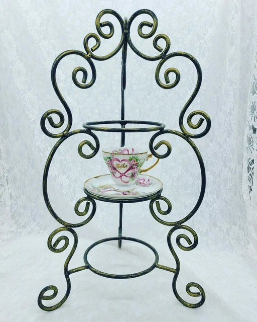 Vintage 3 Tier Wrought Iron Metal Tea Cup and Saucer Display Rack Stand Holder