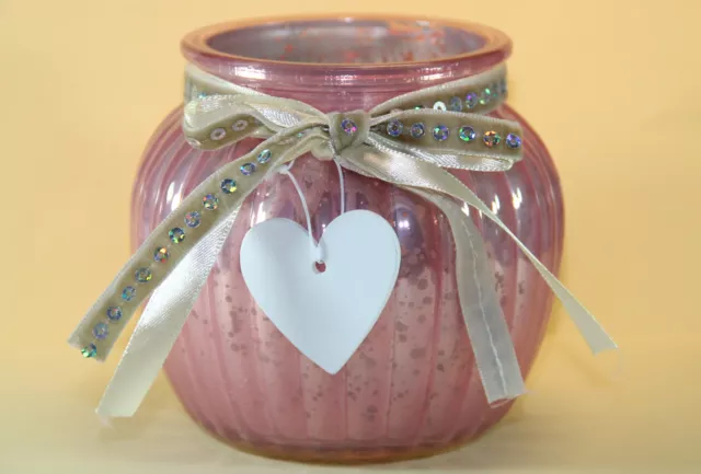 Glas-Windlicht Teelichthalter Kerzenhalter Kugel mit Holzherz 11,5 x 10,5cm rosa