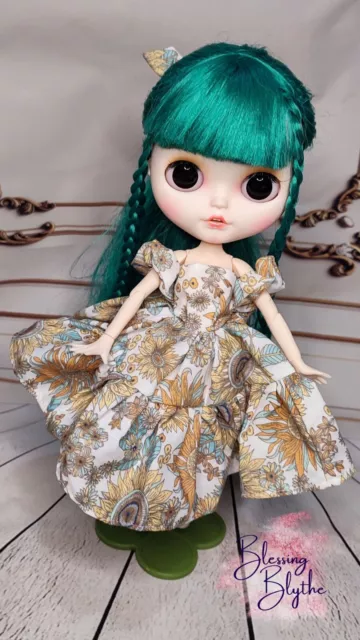 Haute Couture Van Gogh Inspired Dress Blythe Doll Handmade Green Flowers