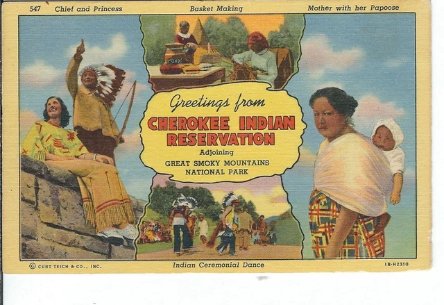 CH-015 Greetings from Cherokee Indian Reservation, Linen Postcard Multiview