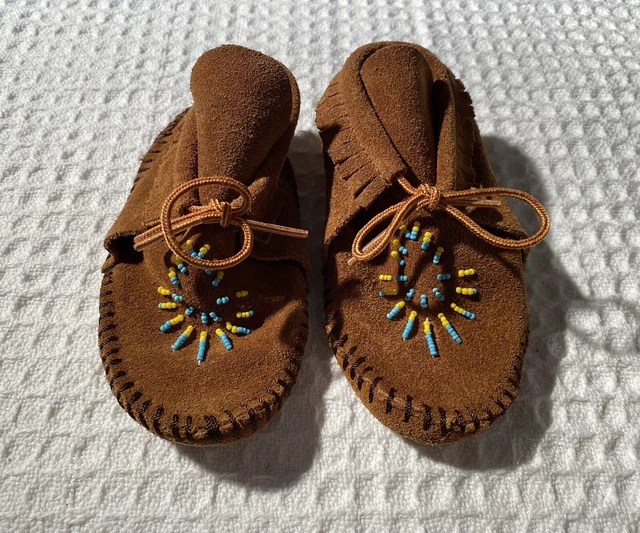 TAOS Brown Suede Fringe Beaded Baby Booties Lace-up Moccasins 9