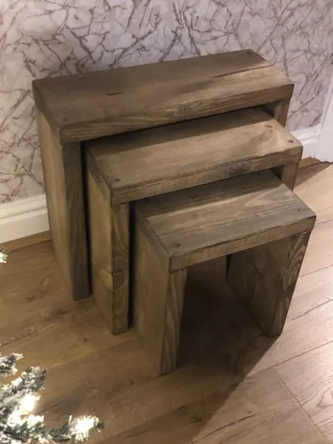 Solid Wooden Nest Of Tables Rustic Oak Finish