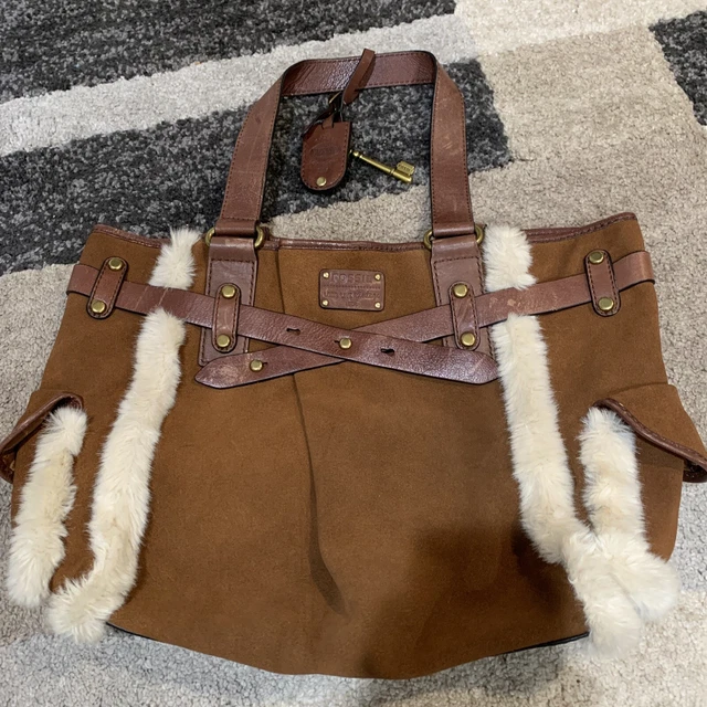 FOSSIL Adrina Saddle Brown Suede FAUX FUR Very Large Shoulder Handbag Tote Purse