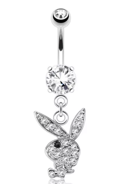 UK bunny rabbit crystal diamanté dangle dangly belly bar pink clear silver