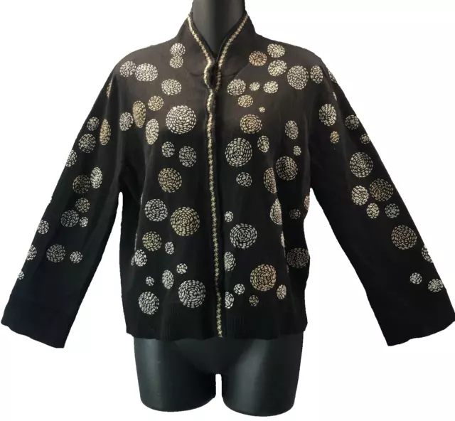 Nic + Zoe Womens L Black Cotton Blend Long Sleeve Embroidered Circles Cardigan