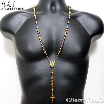 30+5"Stainless Steel HEAVY 8mm Gold Plated Bead Virgin Mary Rosary Necklace*RN10