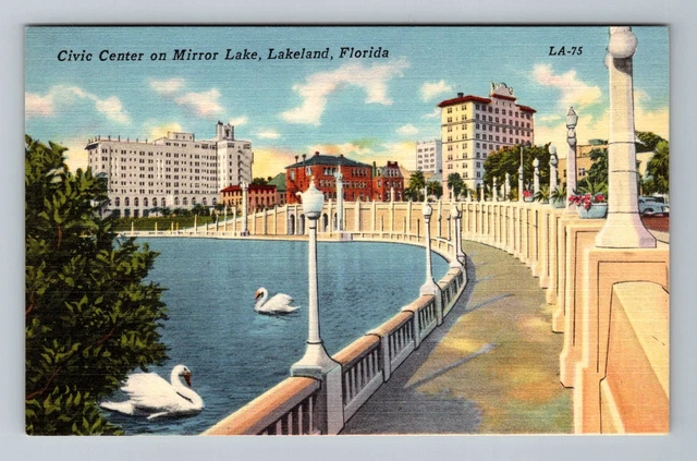 Lakeland FL-Florida Civic Center On Mirror Lake Swans Vintage Postcard