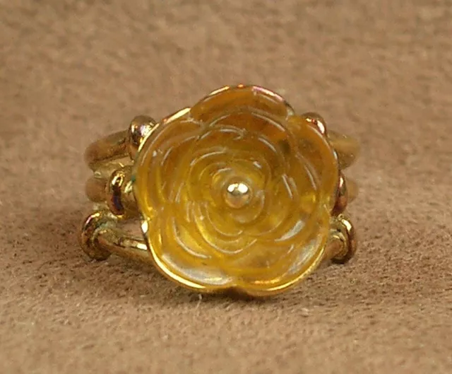 Bague Lalique En Plaque Or Jaune & Fleur En Cristal Couleur Ambre 3