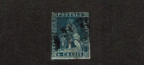 1851 TUSCANY ITALY 6cr Blue LION OF TUSCANY  Sc#7  Postally Used SCARCE!