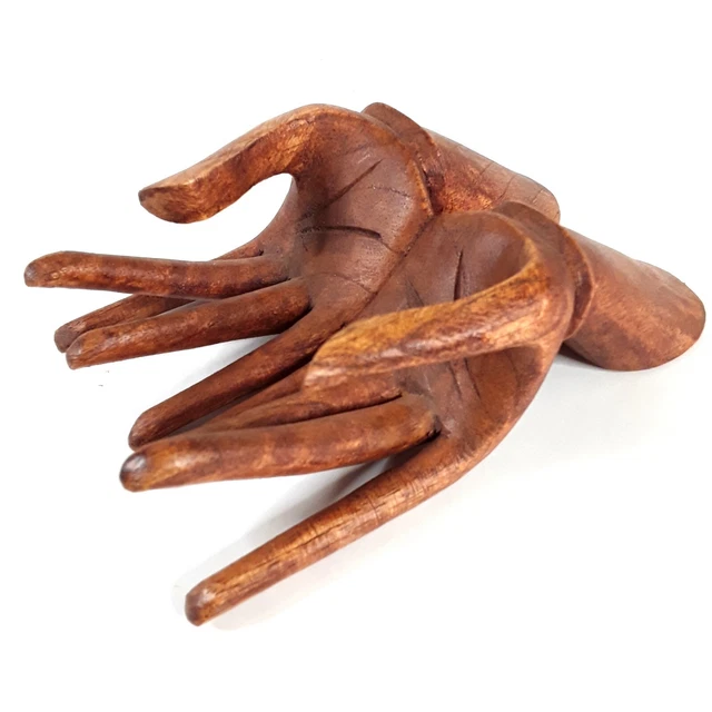 Balinese Wood Carving Buddha Mudra Hands Statue Jewelry Display Ring Holder Art