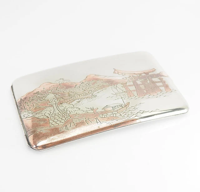 Antique Japan scene inlaid metalwork sterling silver cigarette case