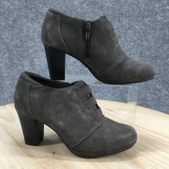 Clarks Boots Womens 5 M Brynn Celia Side Zip Low Ankle Bootie Gray Suede Heels