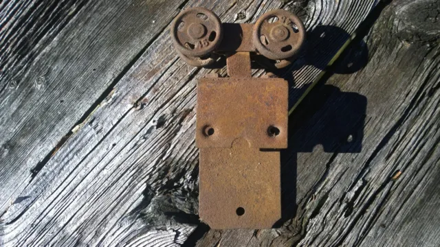 VINTAGE METAL POCKET BARN DOOR HARDWARE antique replacement part four hole wheel