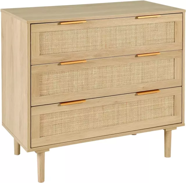 HOPUBUY 3 Drawer Dresser for Bedroom, Rattan Modern Closet Oak