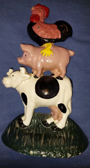 Vintage Cast Iron Stacked Farm Animals Doorstop Or Sculpture Cow Pig & Chicken