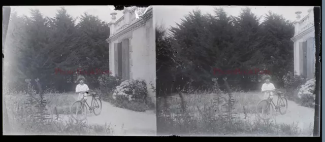 Famille Enfant vélo c1930 Photo NEGATIVE Plaque verre Stereo Vintage PL28L9n