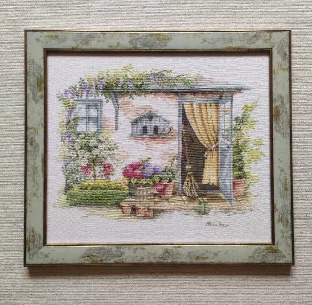 Blooming Garden Country Cottage Cross Stitch Completed and Framed 14.5" х 16.5"