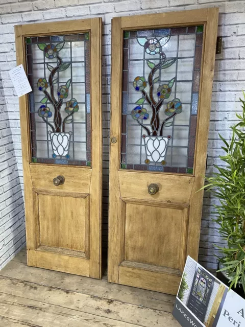 Reclaimed Oak Double Doors - Super Leaded Glass - Pair - Salvaged Front Entrance