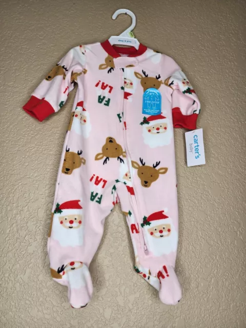 Carter's Baby Girl Sz 3 Month Fleece Zip Up Sleeper Christmas Santa Pink Red NWT