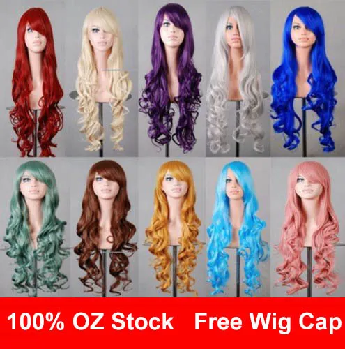 Womens 80cm Long Wavy Curly Hair Synthetic Cosplay Wigs Party Heat Resistant