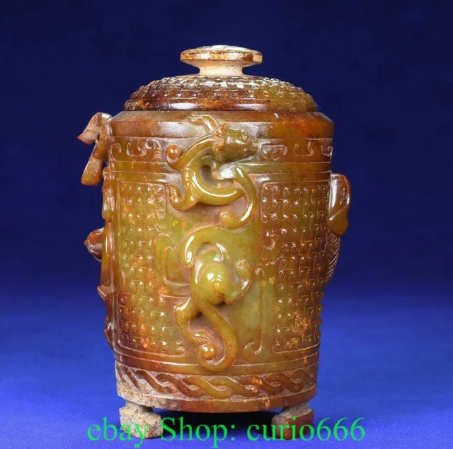 5.5'' Old Chinese Natural Hetian Jade Dragon Loong Phoenix Phenix Crock Pot Jar