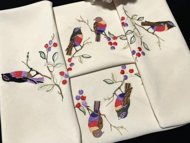 Vintage Hand Embroidered Supper Cloth Colourful Birds Design 92cm x 85cm