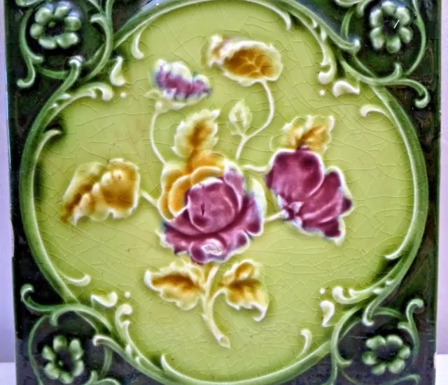 Tile Vintage Porcelain Rose Purple England Art Nouveau Majolica Collectibles#109 2