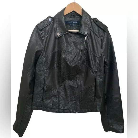 French Connection Chocolate Brown Vegan Leather Biker Moto Jacket - Small