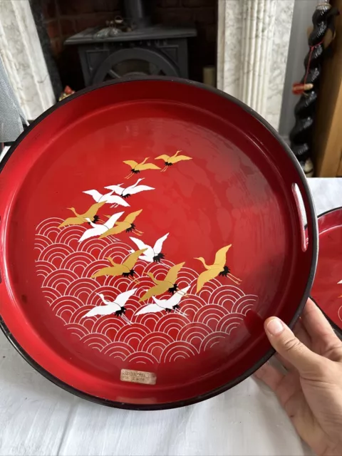 Vintage Toyo Lacquer Ware Red & Brown 13.5" Round Tray Japanese Cranes Inside